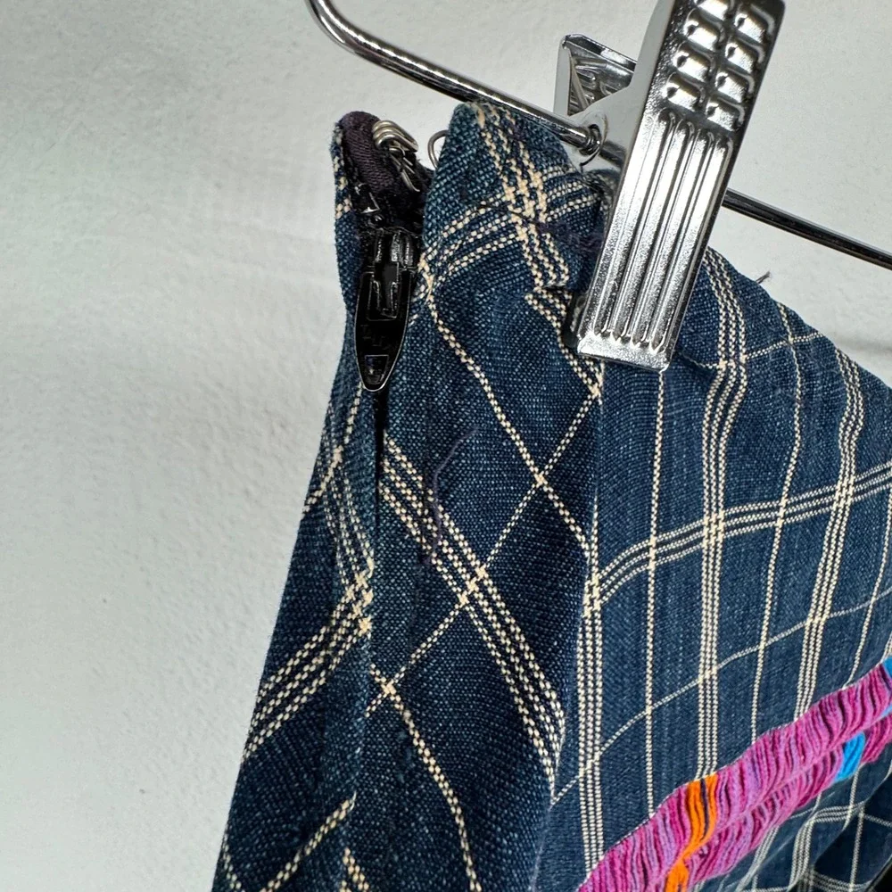 Vintage Habitat Navy Grid Plaid Woven Midi Skirt Side Zip Eclectic Boho Textured - Picture 6 of 9